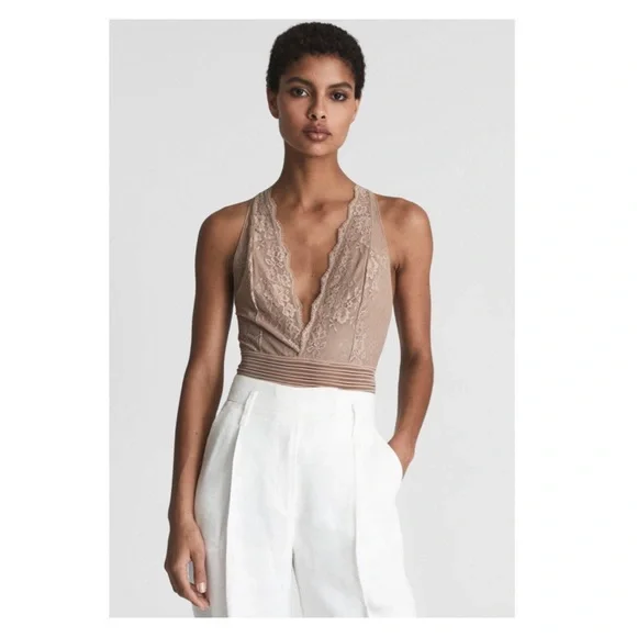 New! REISS London Candy Sleeveless Lace Bodysuit in Mink - Picture 4 of 9